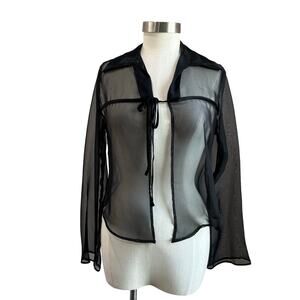 Y2K Anxiety Black Sheer Organza Vintage Long Sleeve Front Tie Blouse Size S/M